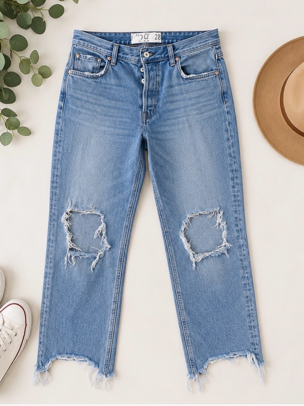We The Free Button Fly Distressed Straight Leg Jeans Raw Hem Size 28